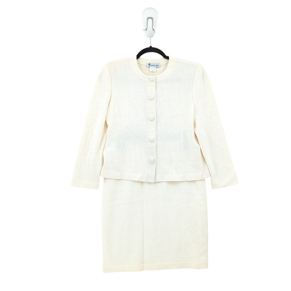 Linda Iki Women S Suit Set White Knit Blazer Skirt Hawaiian Buttons VTG FLAW